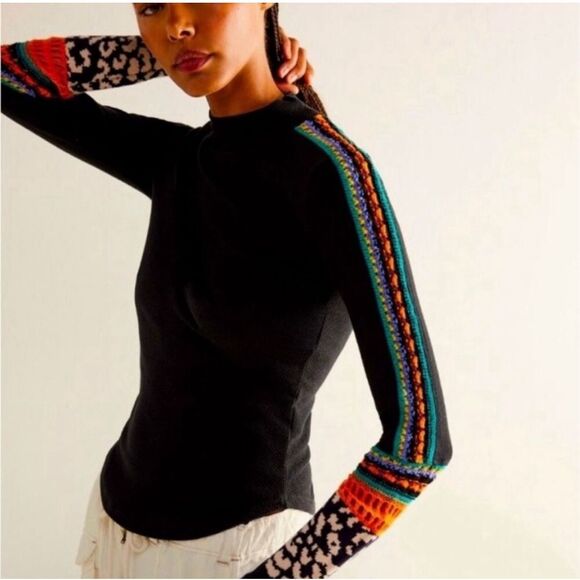 FREE PEOPLE Switch It Up Cuff Thermal Top Knit Sleeve Black XS - Picture 2 of 8